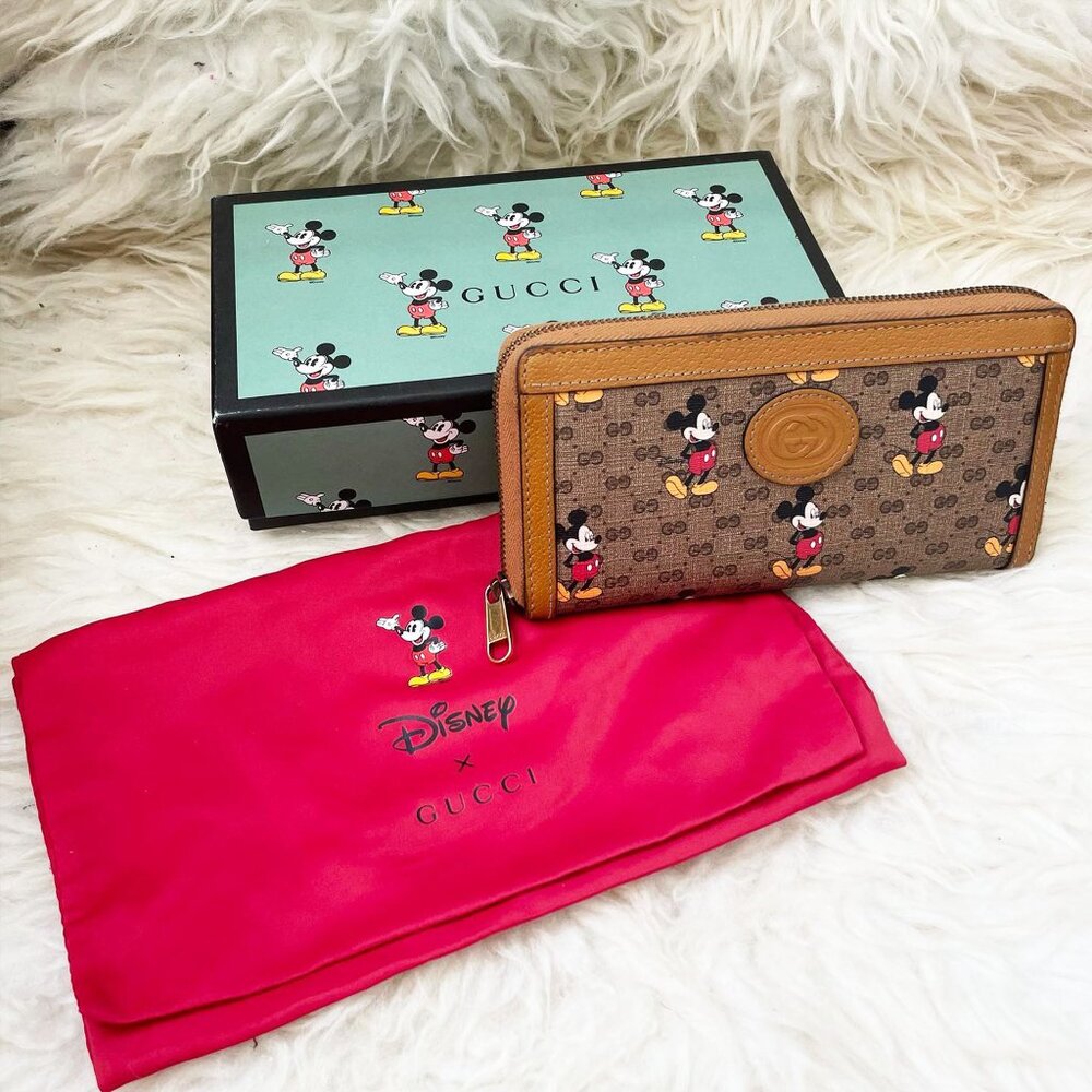 Gucci GG Disney X Mickey Mouse Zip Around Tan Gold Brown Purse Wallet Italy NEW - Picture 6 of 13